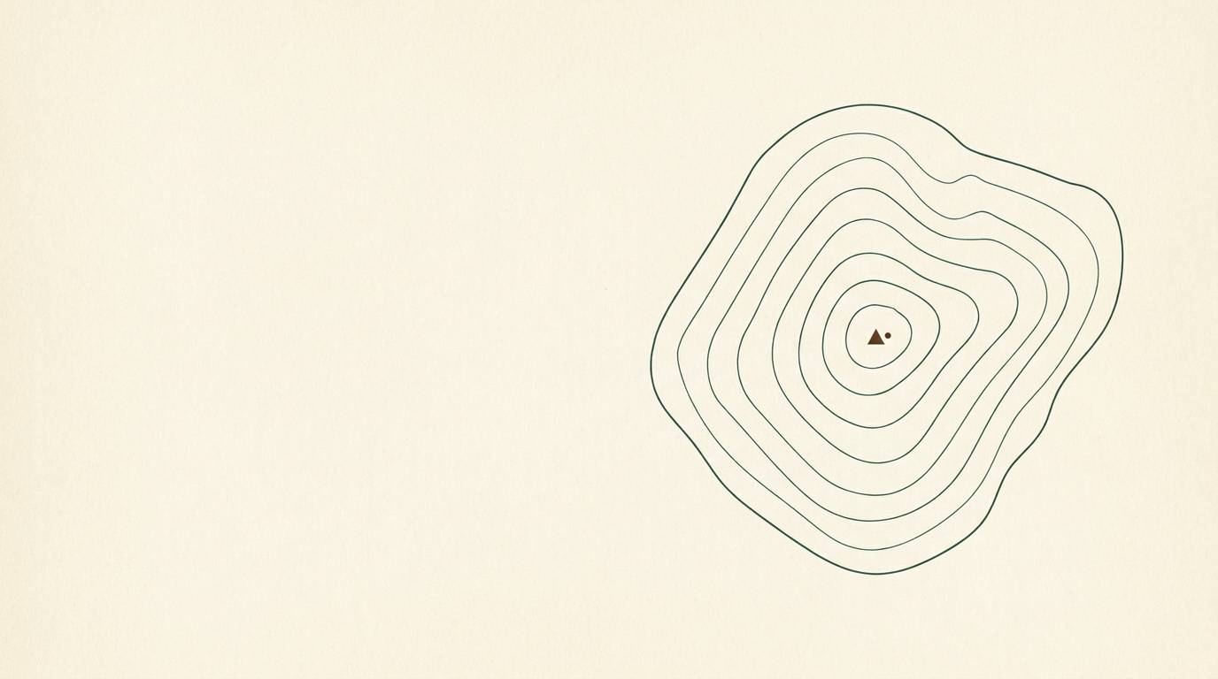 Survey plate: hairline contour loops closing on a single umber benchmark at the summit