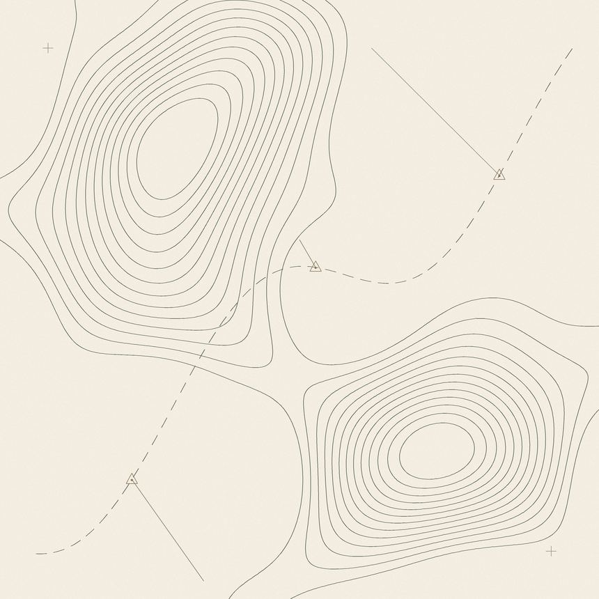 Hairline contour survey of two hills with a dashed route and benchmark stations, drawn in spruce ink on warm paper