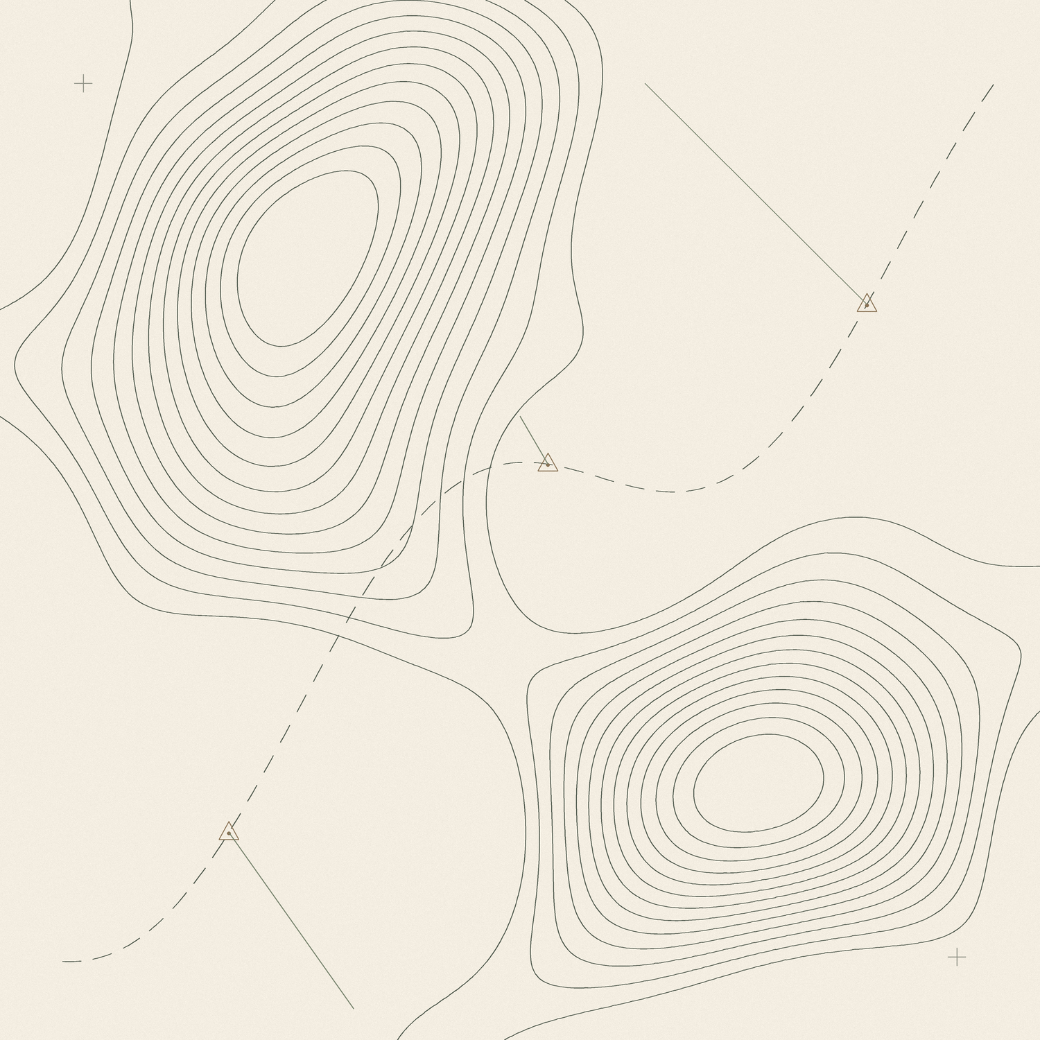 Hand-drawn survey detail: two contour ridges with a dashed route and three benchmark monuments
