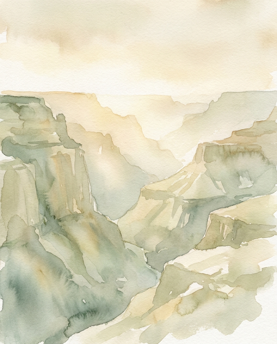A canyon overlook at dusk, illustrative watercolor