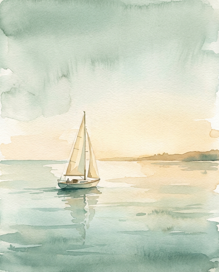 A sailboat on calm water, illustrative watercolor