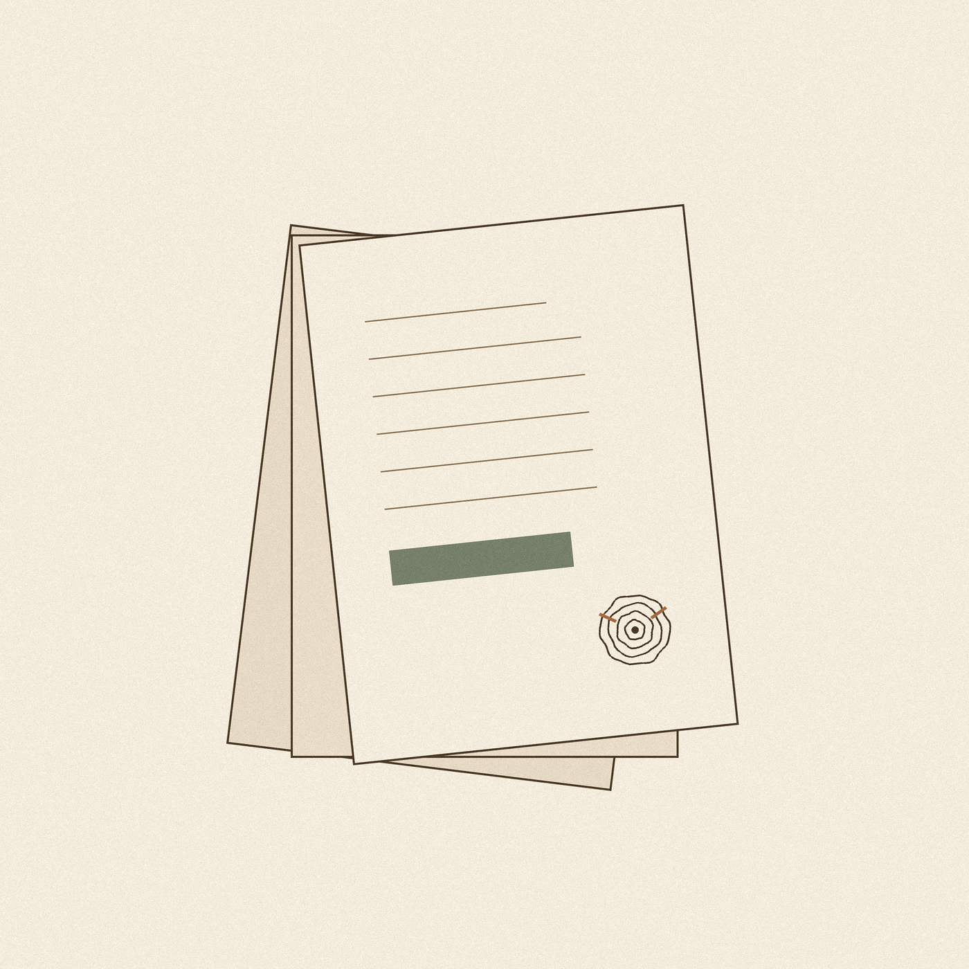 Flat tonal illustration of three deed-style documents fanned in a stack, the front page marked with a sage band and a growth-ring seal with two clay notches.