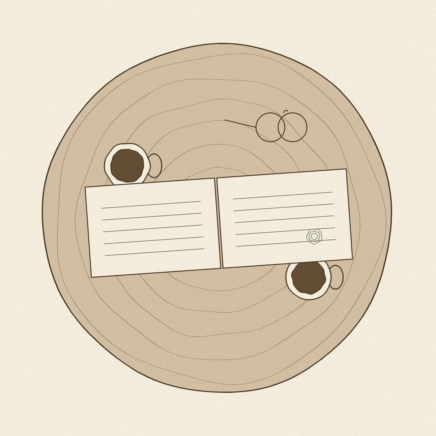 Flat tonal overhead illustration of a round wooden table with growth-ring grain: two cups of coffee, an open plan ledger, and folded reading glasses.