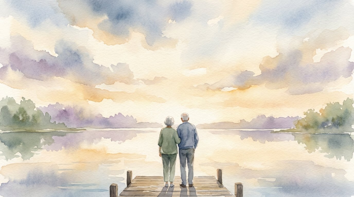 Watercolor of an older couple standing close together at the end of a wooden dock, looking out across a calm lake under a wide pastel sky