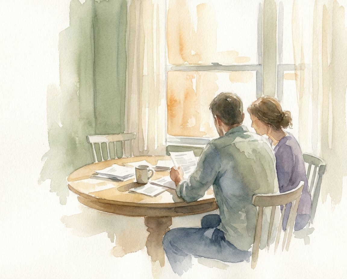 Watercolor of a couple seated at a round wooden table, reading through paperwork together by a sunlit window, a single coffee cup between them