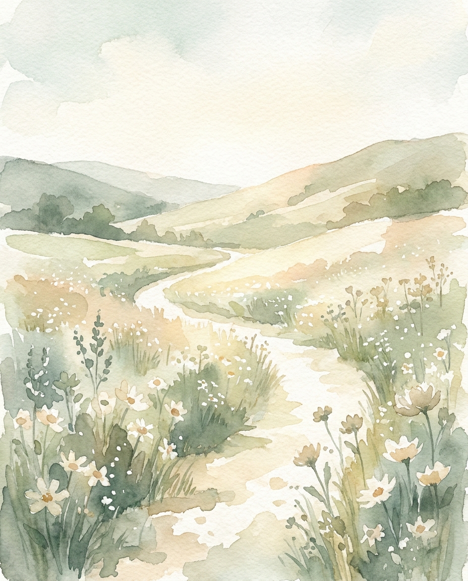 A sunlit meadow path, illustrative watercolor