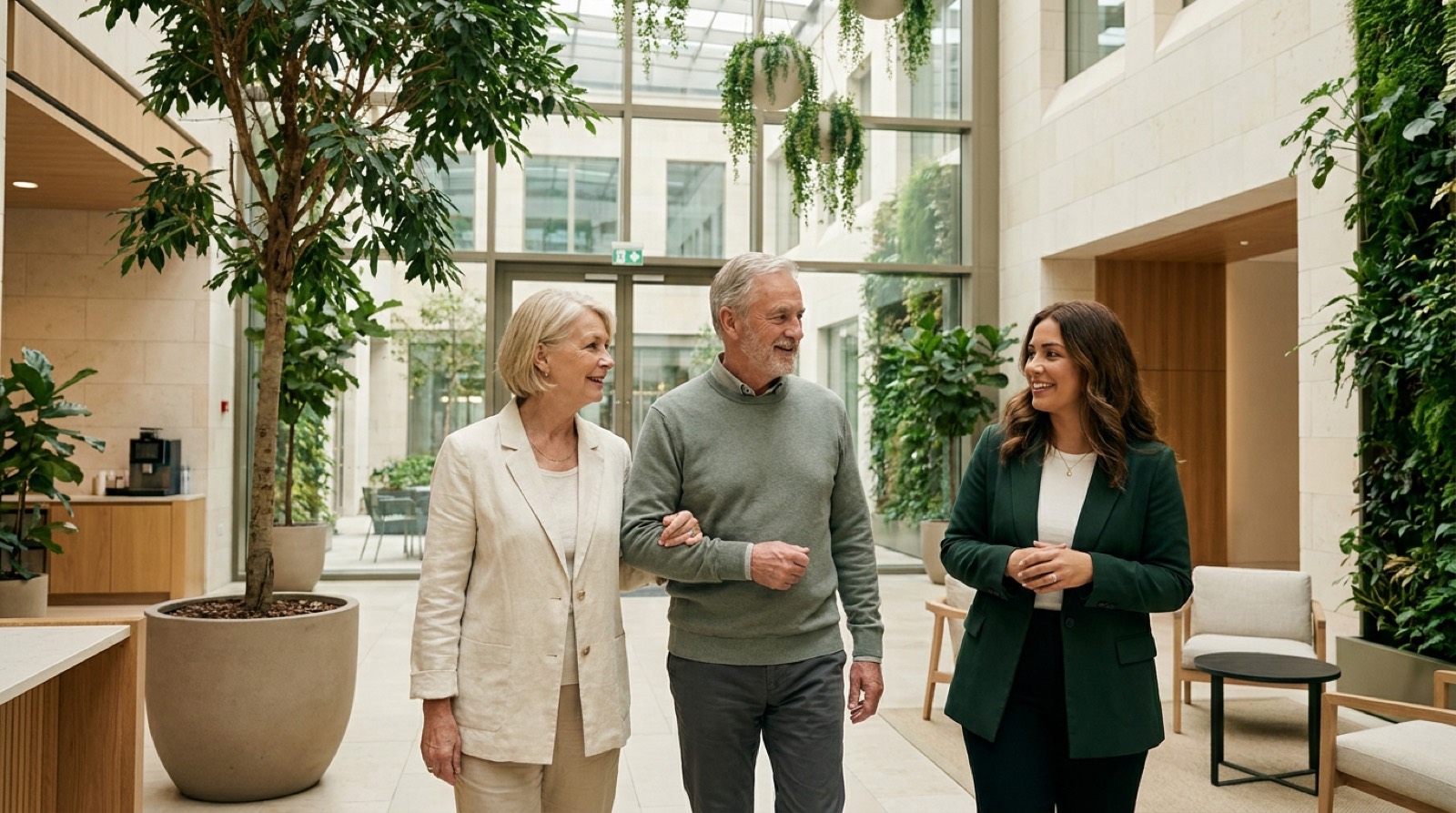 An advisor in conversation with a couple in a bright, plant-filled room