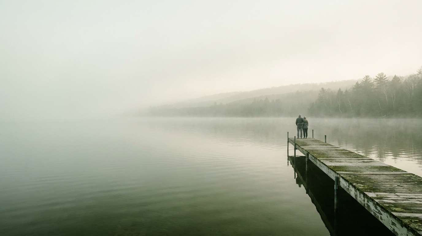 Morning mist lifting off a still northern lake, shoreline trees fading into soft bands of fog