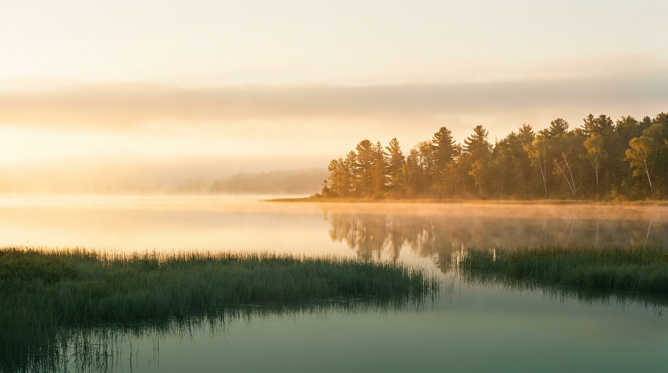 Warm golden sunrise over a calm northern lake, light banding across sky, water, and shoreline