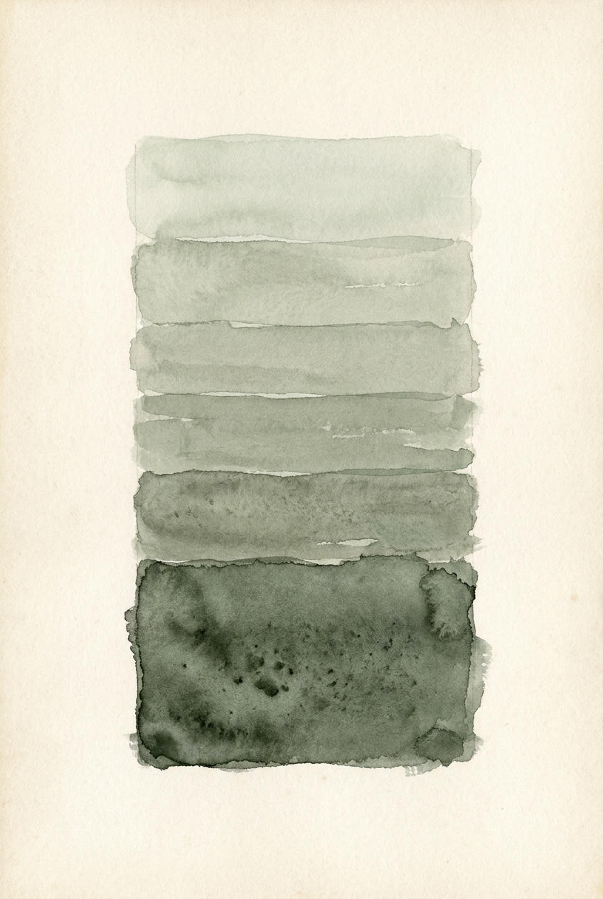 Watercolor cross-section of a geological core sample: six stacked sediment layers in sage tints, darkest at the base