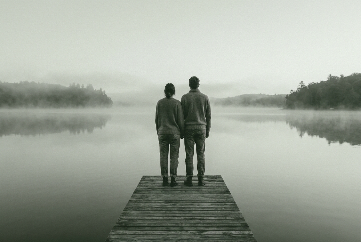 A couple in their sixties standing together at the end of a wooden dock, looking out over a misty lake at dawn