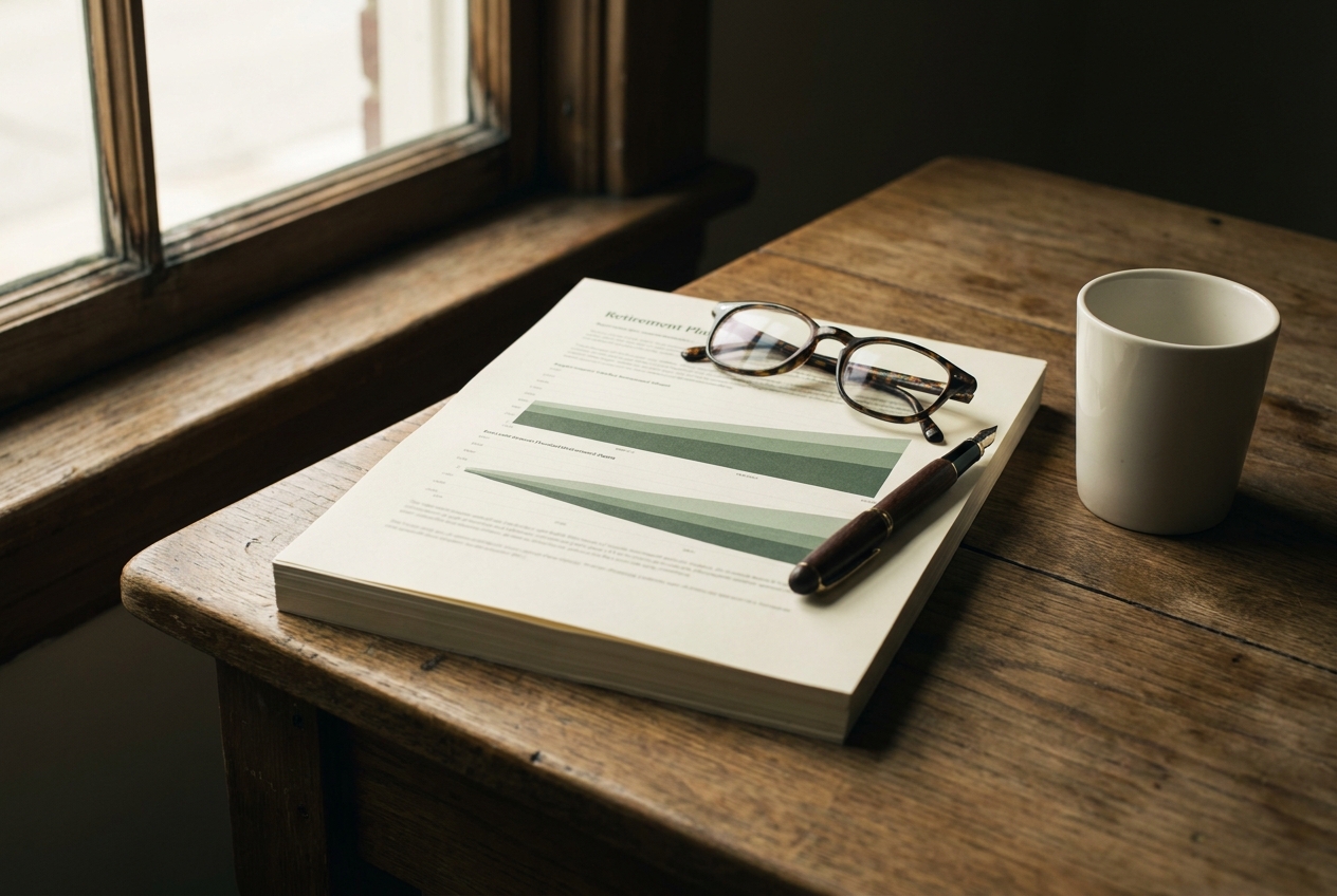 A printed retirement plan with sage layered charts, reading glasses, and a fountain pen on a wooden table in morning light