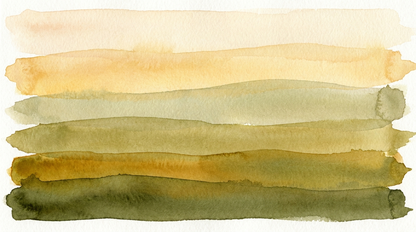 Watercolor painting of six warm strata bands, cream dawn at the top deepening to moss at the base