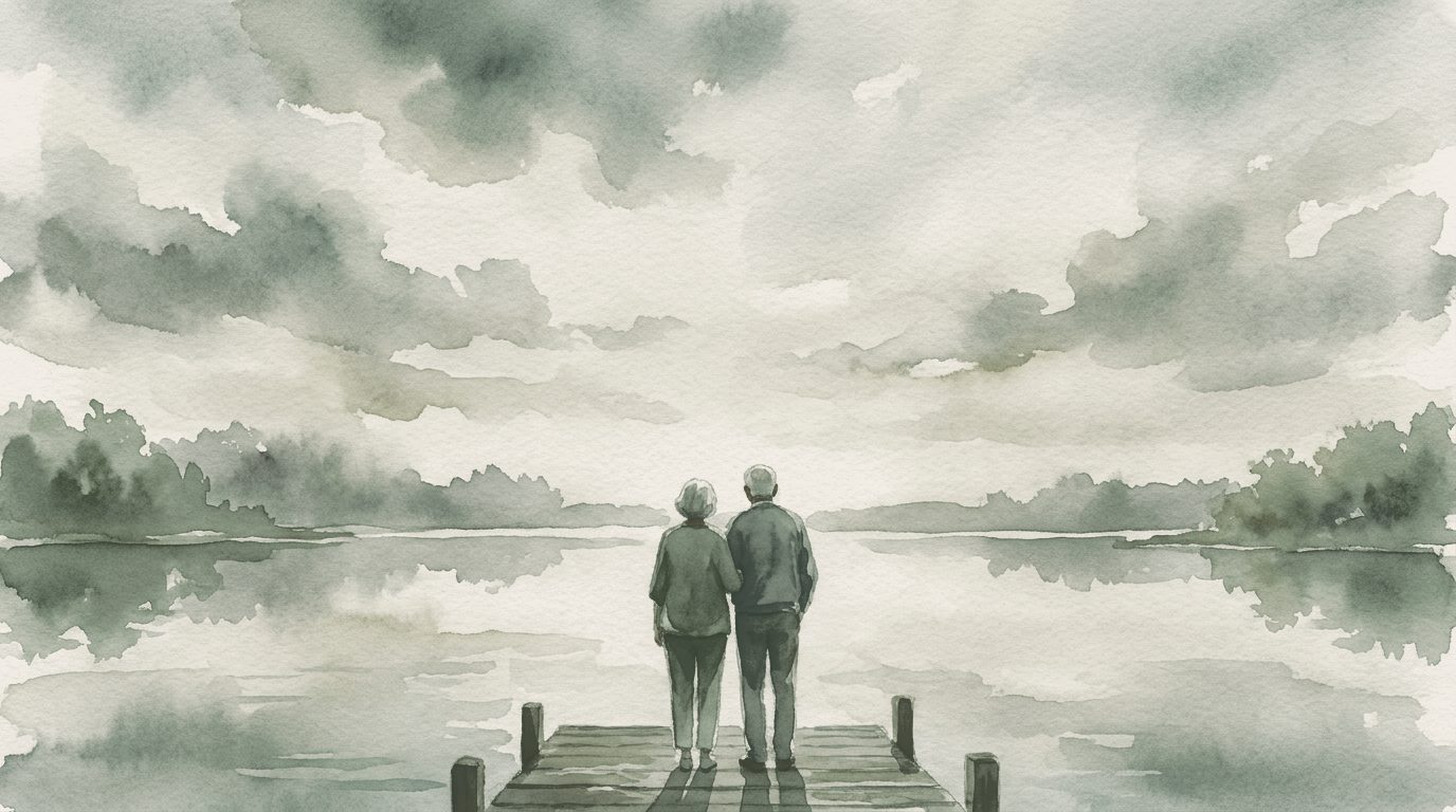 Watercolor of a retired couple standing together at the end of a wooden dock, looking out over a calm sage-green lake