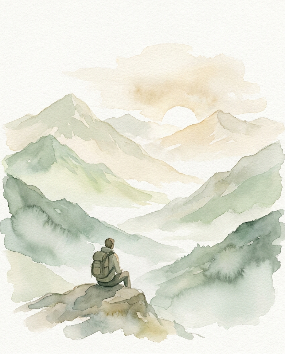 A summit vista at dawn, illustrative watercolor