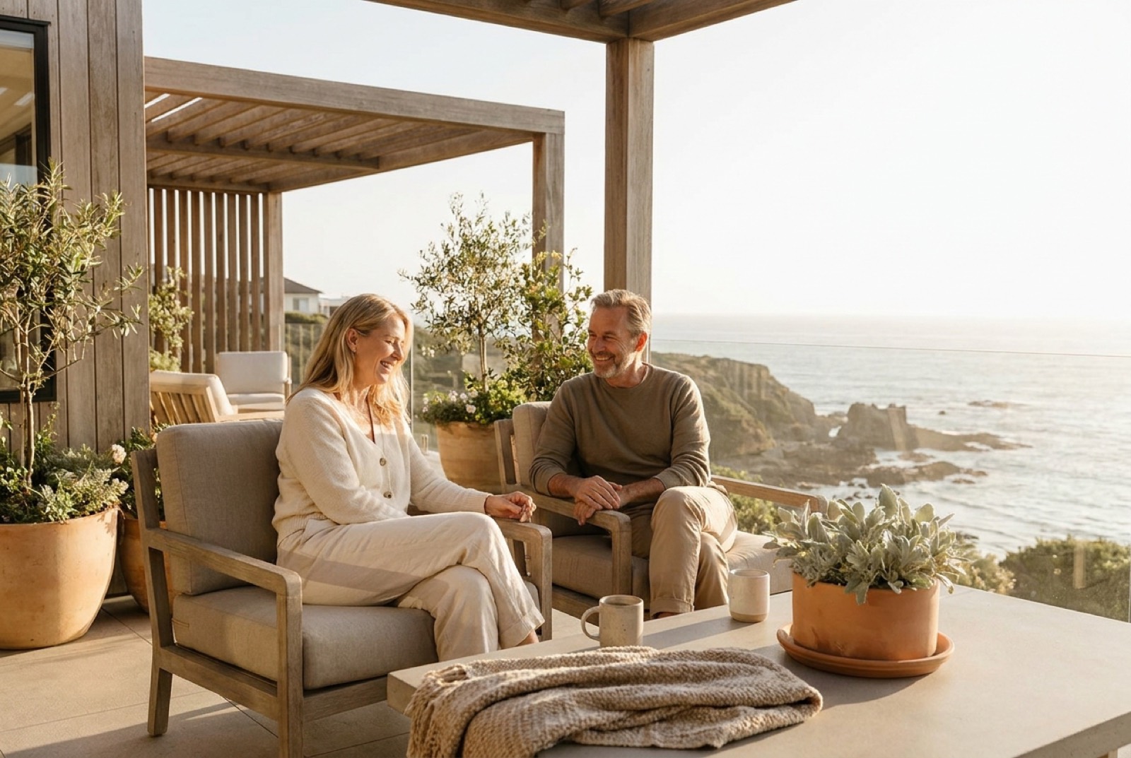 A couple relaxing in a sunlit modern home