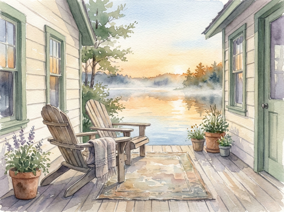 A couple enjoying a relaxed morning at their lakeside cabin in retirement