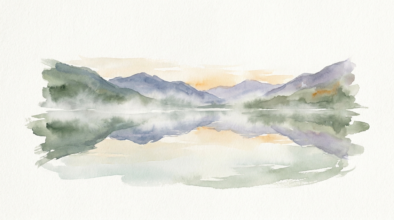 Watercolor of a calm mountain lake at sunrise