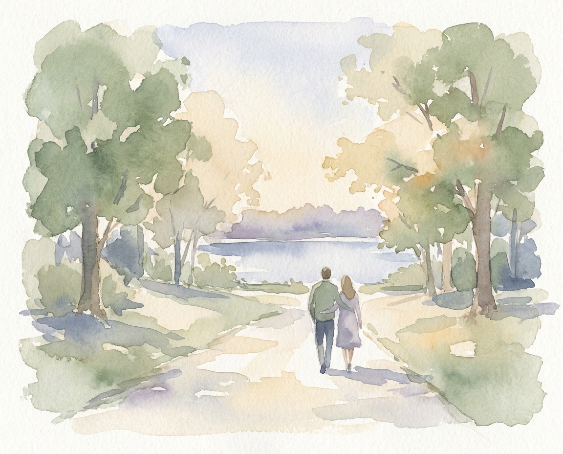 A couple walking a sunlit path toward a lake at golden hour